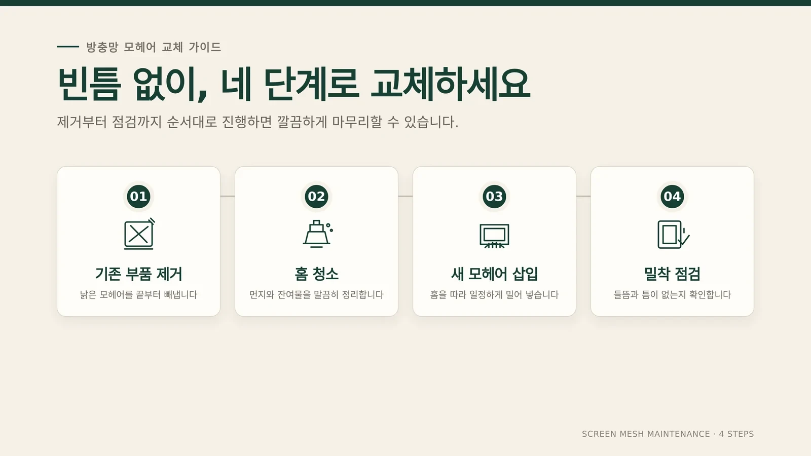 방충망 모헤어 작업 과정과 상태를 확인하는 장면